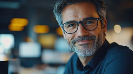 Fototapeta premium Smiling man office portrait, night, bokeh