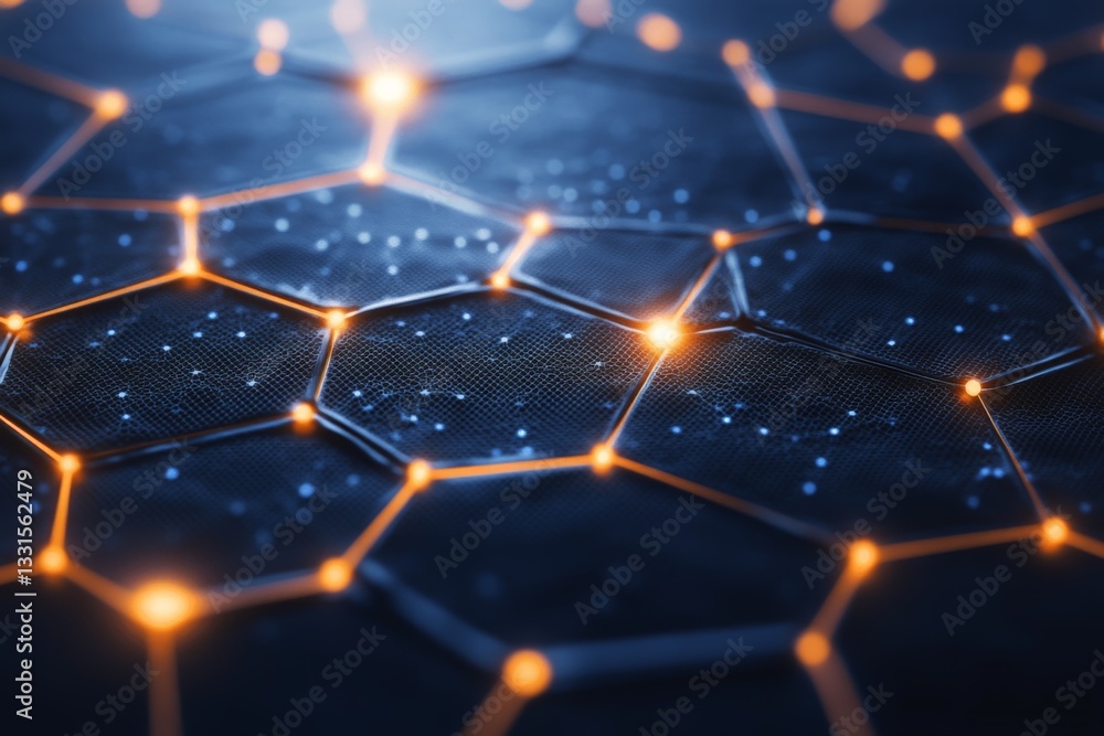 Poster Network of hexagons illuminated with glowing points creating a futuristic digital background