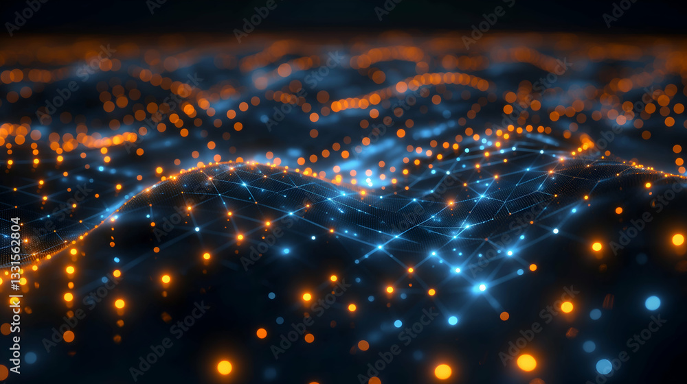 Poster digital wave network blue and orange glow, futuristic data visualization for modern themes