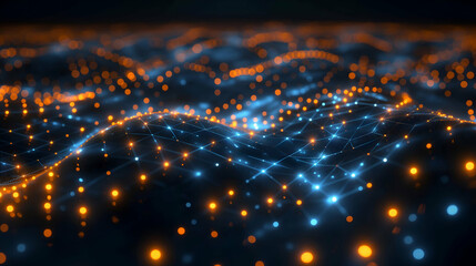 Obraz premium Digital Wave Network Blue and Orange Glow, Futuristic Data Visualization for Modern Themes