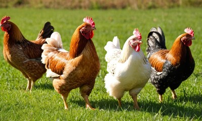 Fototapeta premium A Colorful Flock, Chickens Grazing Freely on the Lush Green Meadow