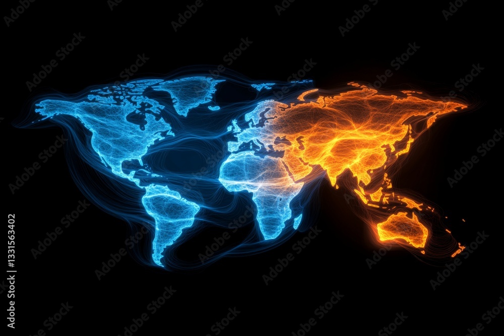 Aufkleber Dynamic visual representation of the world map illuminated in blue and orange tones depicting geographical regions