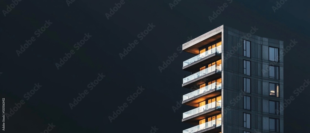 Poster a modern skyscraper with illuminated balconies, perfect for cityscape or architecture projects