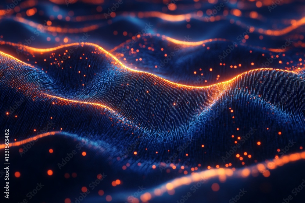 Poster visually captivating wave patterns illuminated by orange lights on a deep blue background create a s