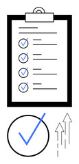Clipboard with checklist, blue checkmarks indicating task completion, large checkmark inside a circle, upward arrows symbolizing progress. Ideal for productivity, planning, organization, goal