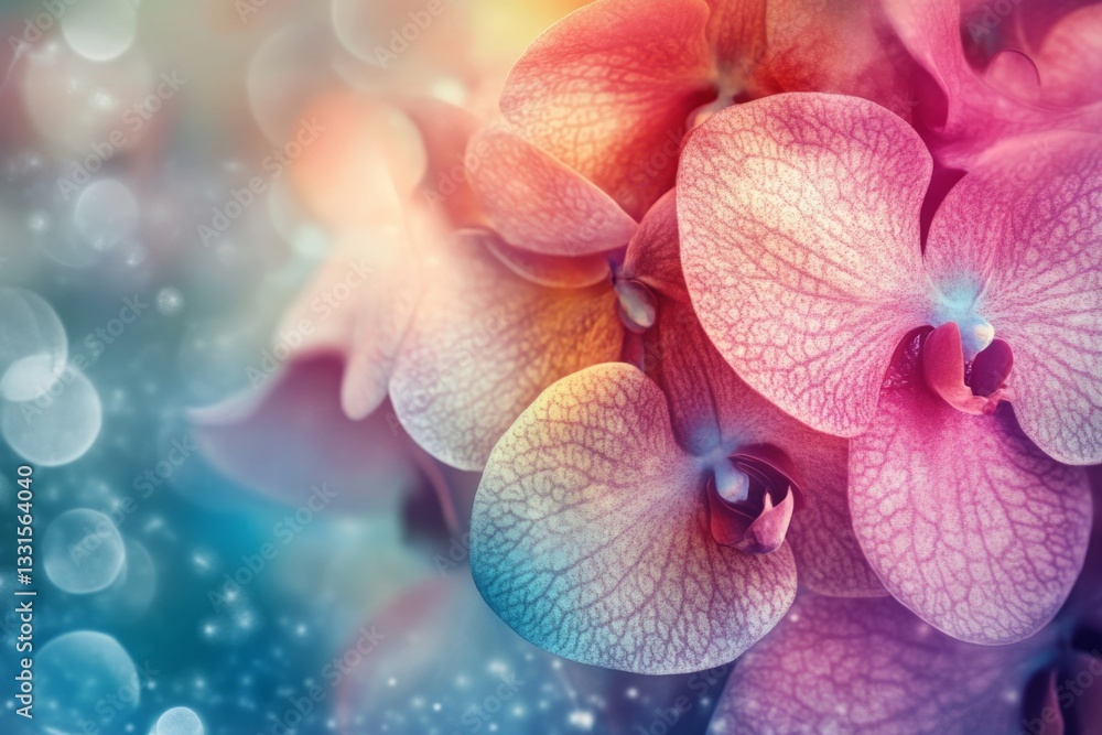 Poster Vibrant orchid blooms create a mesmerizing display with soft bokeh background and vivid colors