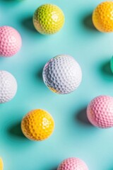 A collection of golf balls arranged on a blue surface, suitable for sports or lifestyle illustrations