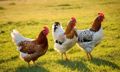 Fototapeta premium Three chickens graze peacefully in a sunlit green meadow during daytime