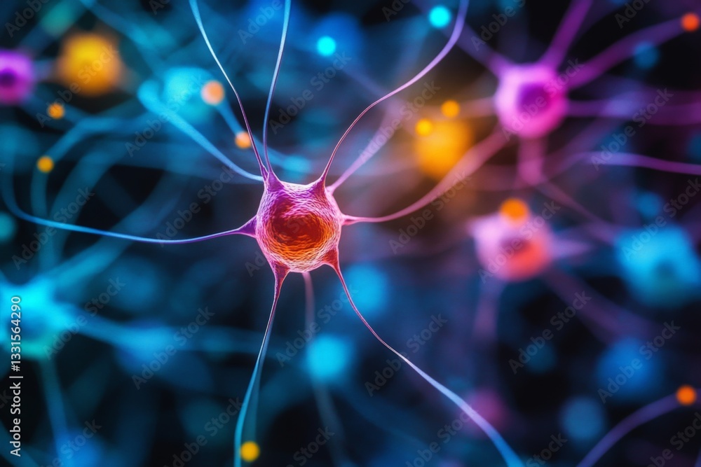 Poster colorful neurons interconnected in a digital representation of the nervous system