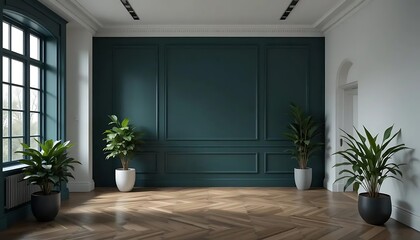 Modern Interior with Dark Green Accent Wall and Wooden Flooring


