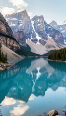 Tranquil mountain lake reflecting majestic peaks, serene nature