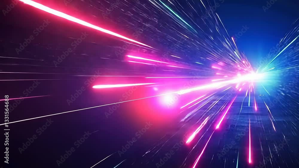 Poster hyperspeed digital tunnel with vibrant neon streaks. dynamic movement through a glowing data matrix