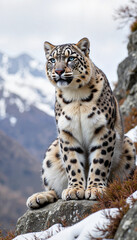 Fototapeta premium Majestic snow leopard perched on cliffside, nature's power