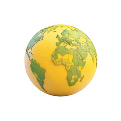 Globe with countries in yellow and green on a transparent background. Concept of geography, world, and travel.