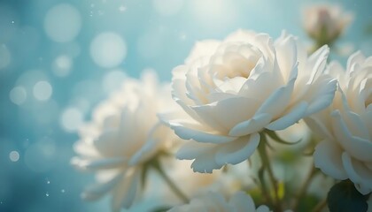 Soft White Roses with Dreamy Blue Bokeh Background

