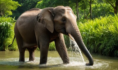 Fototapeta premium Majestic Asian Elephant cools off in the river on a sunny afternoon