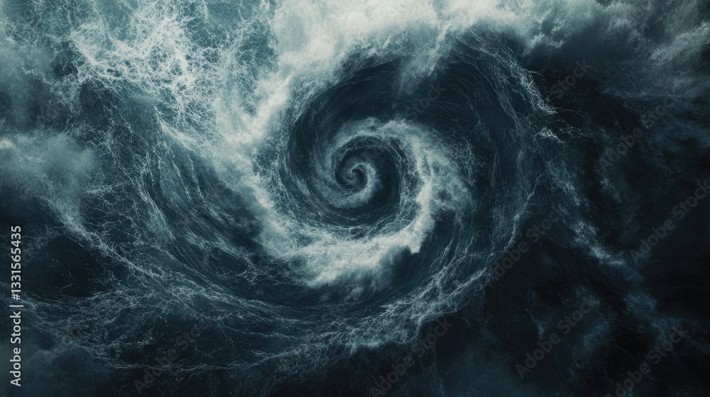Poster dark and turbulent sea vortex creating swirling patterns with dramatic waves and churning water