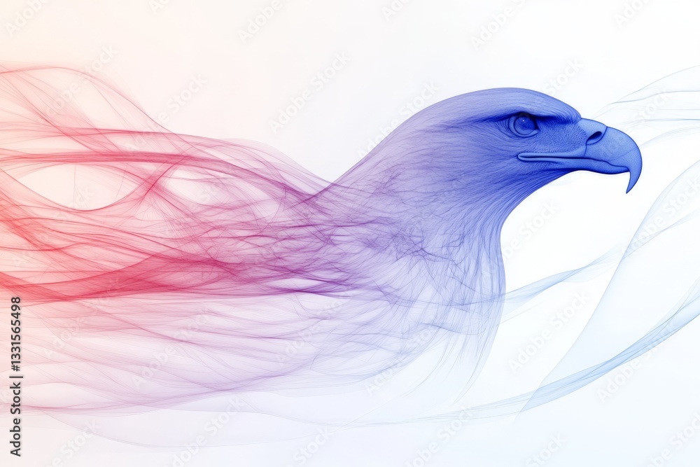 Poster artistic representation of an eagle formed by flowing smoke patterns in blue and red shades