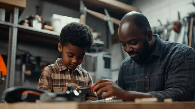 Father and son bonding over DIY projects in a workshop setting