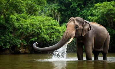 Obraz premium Majestic Asian Elephant Bathing in Lush Tropical River Environment