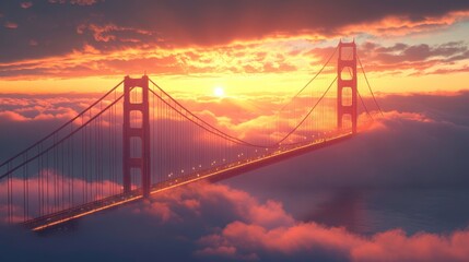 Obraz premium Golden gate bridge sunset over clouds san francisco landscape photography dreamy environment aerial view