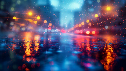 Fototapeta premium Vibrant Rainy Cityscape Colorful Reflections, Abstract Bokeh Background for Urban Nights