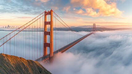 Golden gate bridge emerging from fog san francisco landscape photography serene environment wide angle view