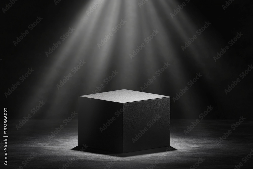 Poster Mysterious black cube illuminated by dramatic lighting in a dark setting