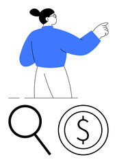 Person gesturing forward, magnifying glass, and dollar coin represent financial analysis and future insight. Ideal for business, investment, success, strategy, opportunity guidance. Flat simple
