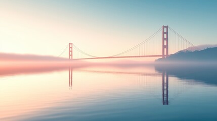 Golden gate bridge reflection at dawn san francisco landscape photography serene environment wide angle view