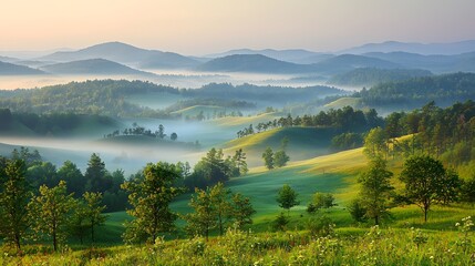 Fototapeta premium Serene Landscape with Misty Mountains and Lush Green Hills