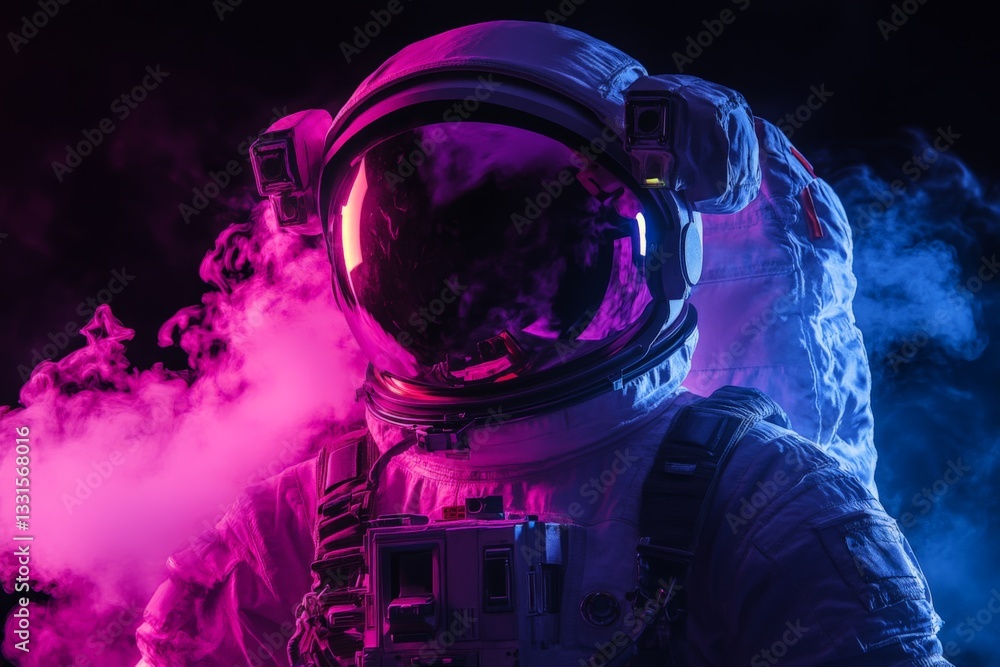 Poster Astronaut in colorful smoke with vibrant lighting effects creating a striking visual display
