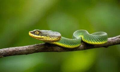Fototapeta premium Beautiful green viper snake resting on a tree branch in the forest
