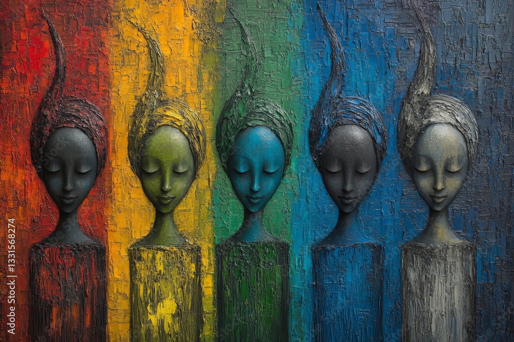 Poster Five abstract sculptures with colorful backgrounds depicting serene figures in a modern art setting