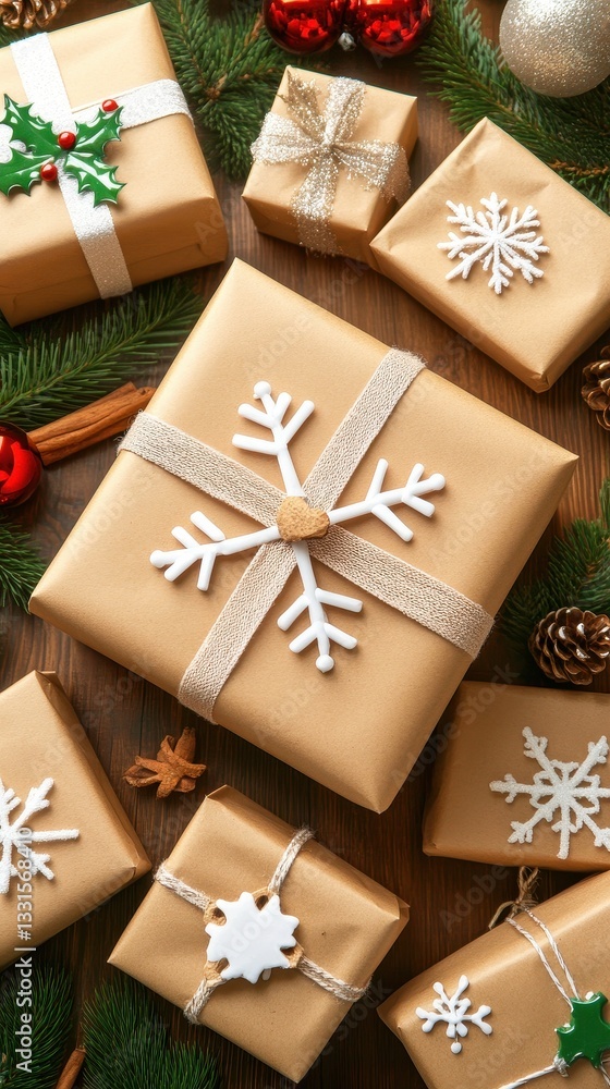 Poster A close-up view of a colorful assortment of wrapped presents stacked on a rustic wooden table, featuring shiny ribbons and festive patterns, creating a joyful holiday atmosphere.