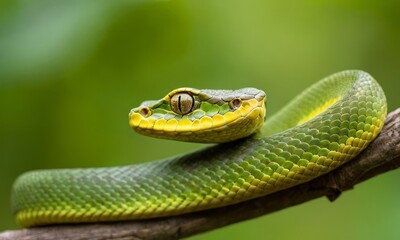 Fototapeta premium Vibrant green pit viper resting gracefully on a tree branch amidst lush greenery