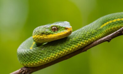 Close-up of a venomous green viper with striking yellow accents on a branch, capturing its intense gaze and intricate scale patterns