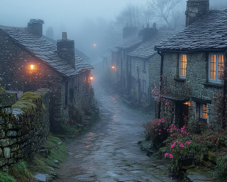 Misty Stone Village Street at Twilight