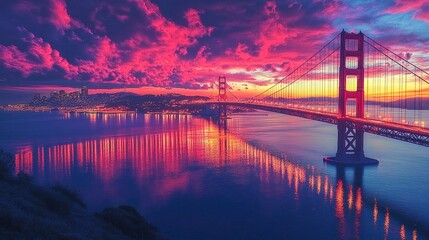 Fototapeta premium Breathtaking sunset reflection over golden gate bridge san francisco landscape photography scenic view vibrant colors
