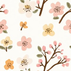 Seamless Pattern of Cherry Blossoms Under Morning Light with a Soft Blue Sky Background