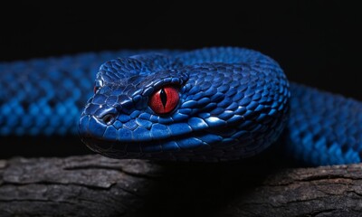 Fototapeta premium Striking close-up of a vibrant blue snake with piercing red eyes