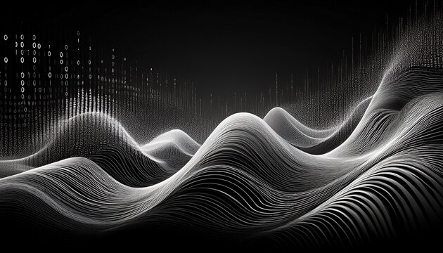 abstract black and white binary data waves representing digital information flow