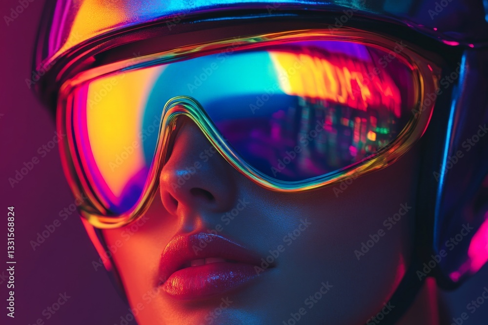 Poster vibrant reflections in colorful ski goggles worn by a model in a neon-lit environment