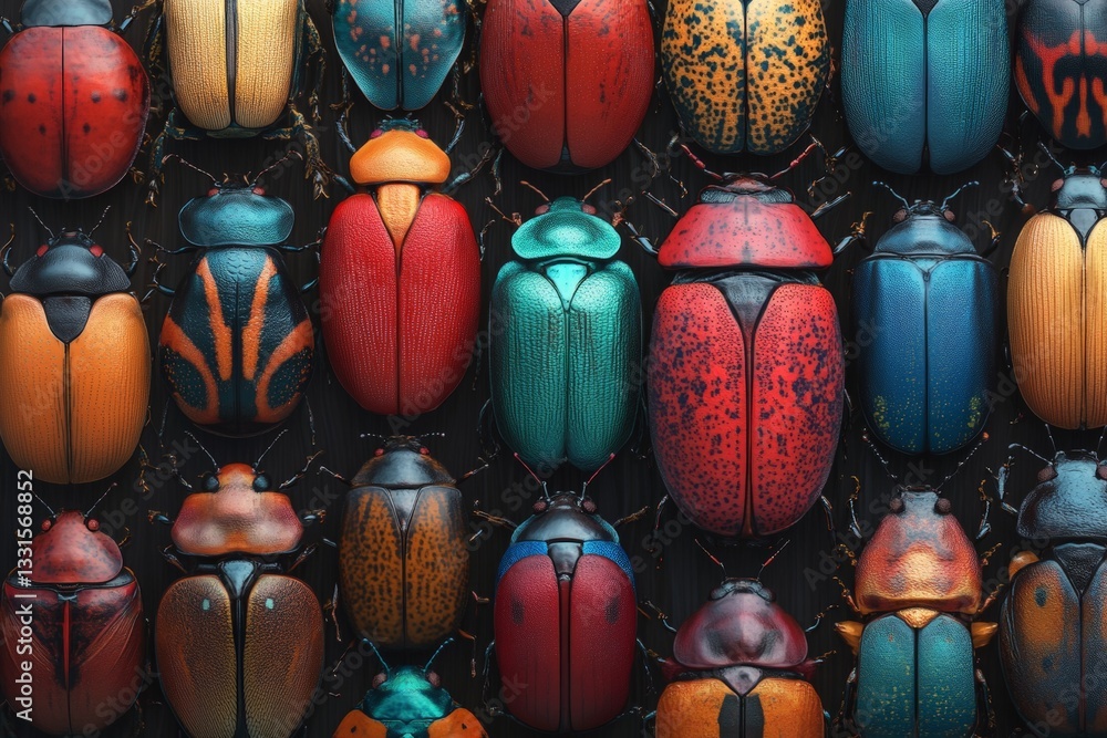 Poster Exploring the vibrant diversity of beetle species on a dark background showcasing intricate patterns and colors