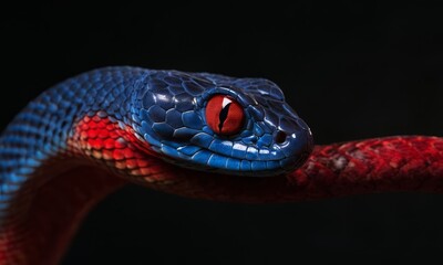 Fototapeta premium Close-up portrait of a venomous Mangrove Snake with vibrant blue scales and piercing red eyes on a dark background