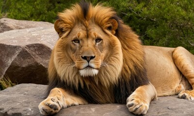 Obraz premium Majestic Lion Portrait on Rock Formation in Natural Habitat