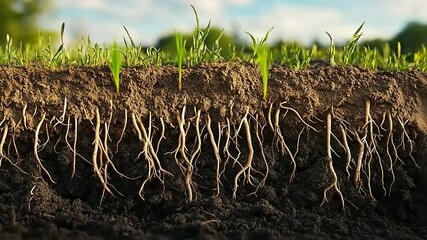 Detailed view of healthy grass roots in rich soil, showcasing nature's growth and ecosystem balance