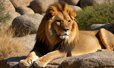 Obraz premium Majestic Lion Portrait, A Regal Beast Resting on Rocky Terrain under Sunlight