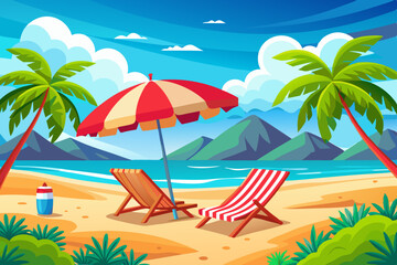 Beautiful Tropical Beach with Palm Trees, Lounge Chairs, and Ocean Waves – Summer Vacation Vector