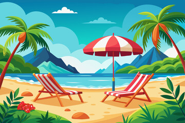 Beautiful Tropical Beach with Palm Trees, Lounge Chairs, and Ocean Waves – Summer Vacation Vector